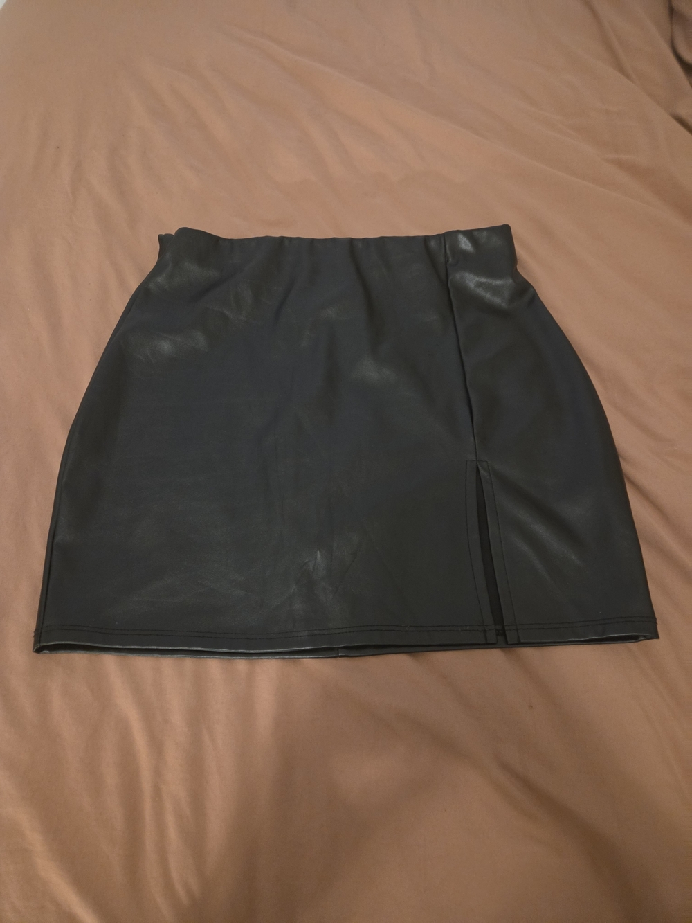 Black Faux Leather Mini Skirt with Side Slit